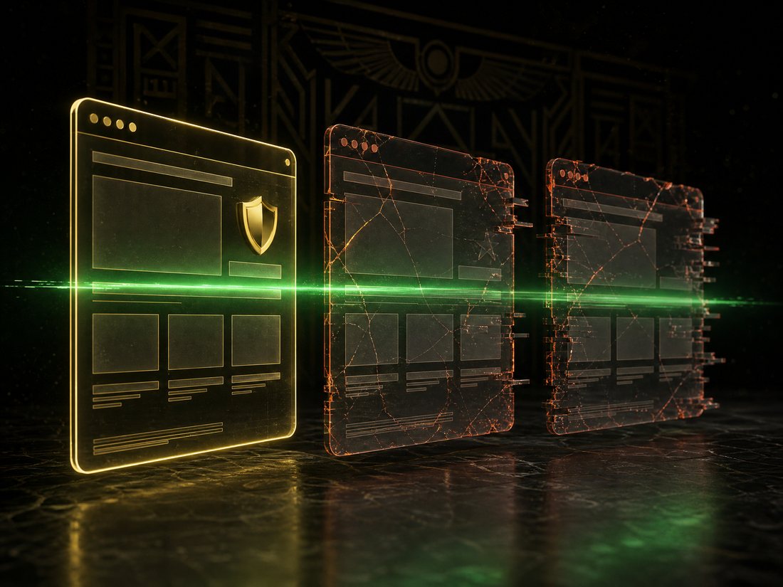 One gold-outlined website panel beside two cracked red duplicate panels scanned by an emerald beam