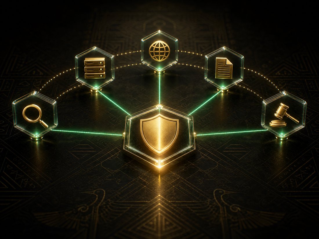 Gold shield node connected by emerald lines to glass hexagons containing search, server, globe, document and gavel icons