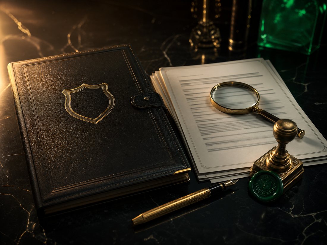 Dark leather dossier with gold shield embossing, documents, a gold pen and an emerald wax seal
