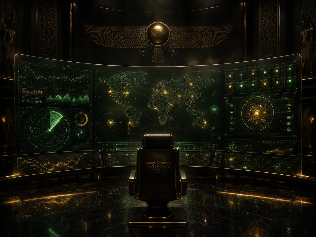 Dark monitoring console displaying abstract emerald and gold analytics panels and a world map