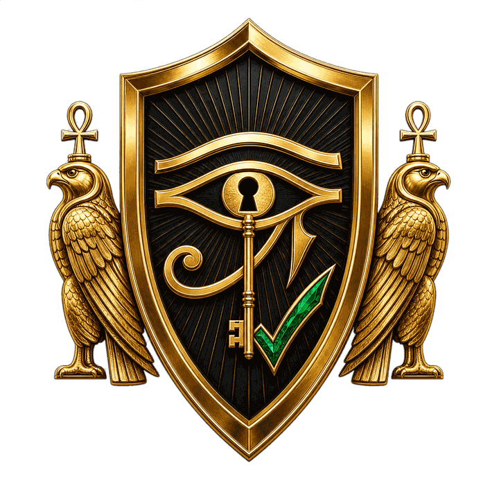 AmunBet Protect emblem: gold shield with eye of Horus, key and emerald check, flanked by falcon figures