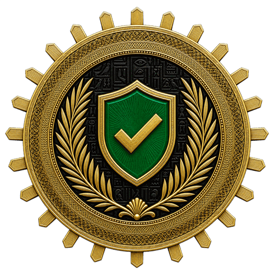Ornate gold verification seal containing an emerald shield with a check mark
